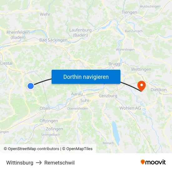 Wittinsburg to Remetschwil map
