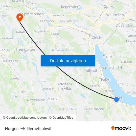Horgen to Remetschwil map