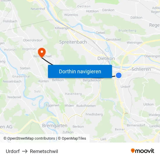 Urdorf to Remetschwil map