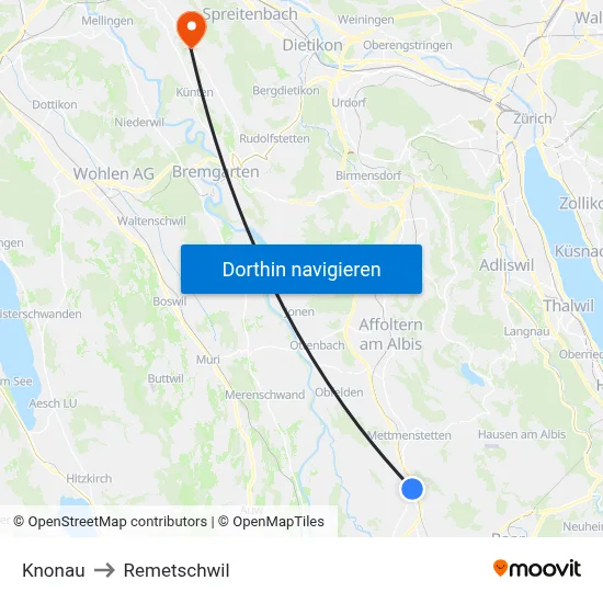 Knonau to Remetschwil map