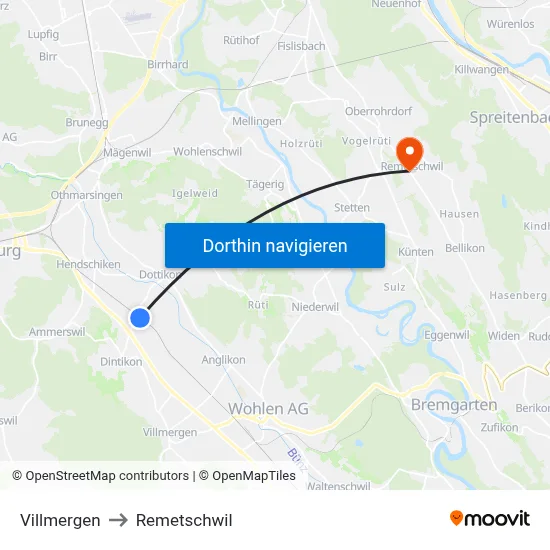 Villmergen to Remetschwil map