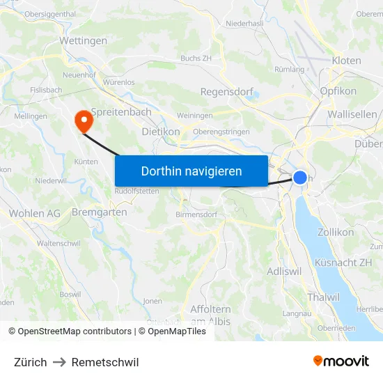 Zürich to Remetschwil map