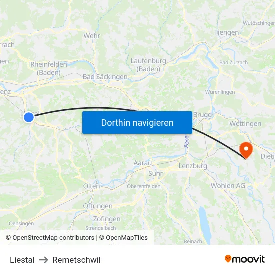 Liestal to Remetschwil map