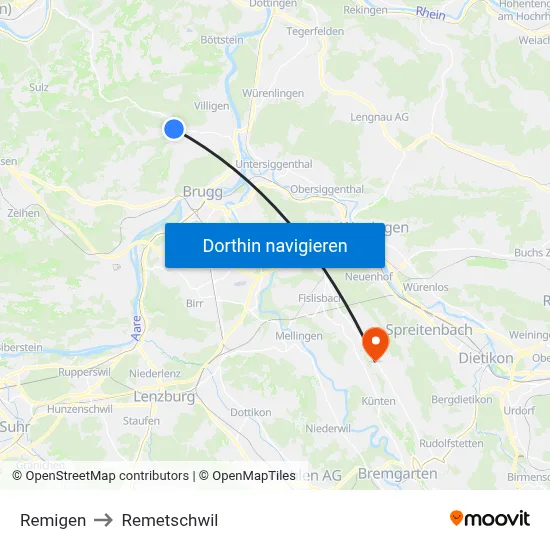 Remigen to Remetschwil map