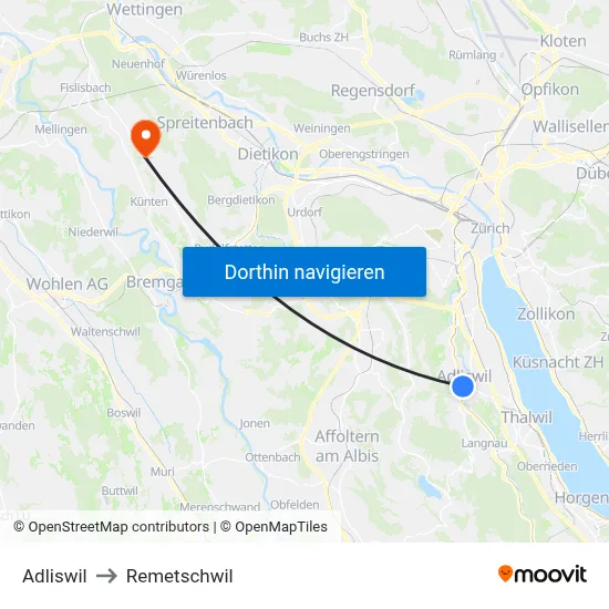 Adliswil to Remetschwil map