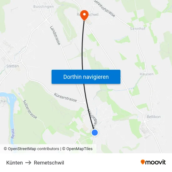 Künten to Remetschwil map
