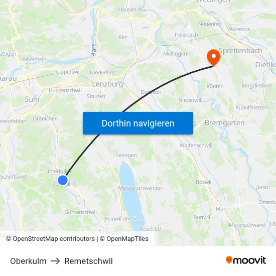 Oberkulm to Remetschwil map