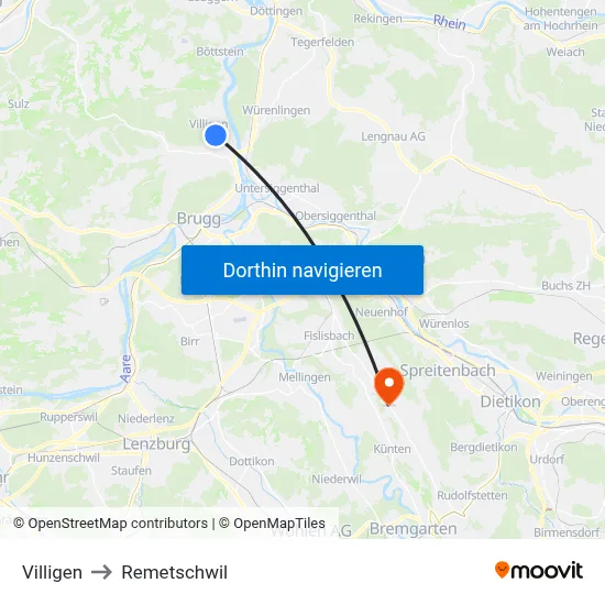 Villigen to Remetschwil map