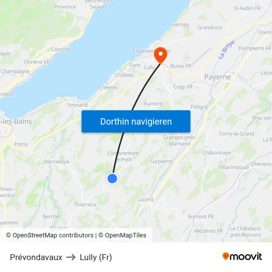 Prévondavaux to Lully (Fr) map