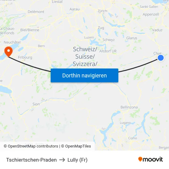 Tschiertschen-Praden to Lully (Fr) map