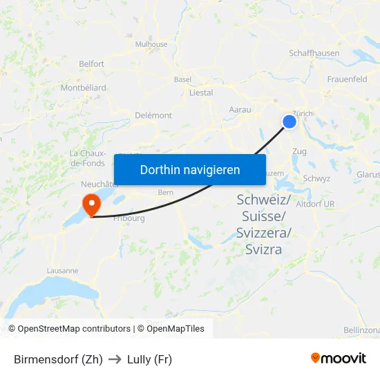 Birmensdorf (Zh) to Lully (Fr) map