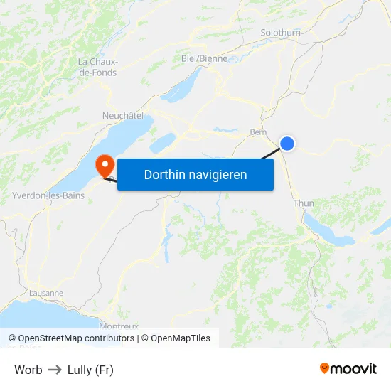 Worb to Lully (Fr) map