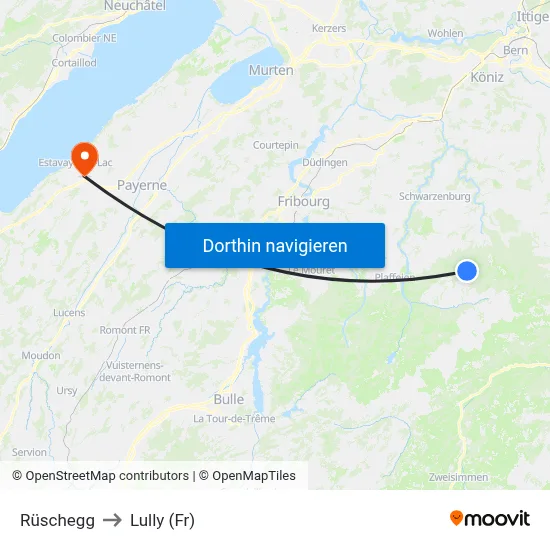 Rüschegg to Lully (Fr) map