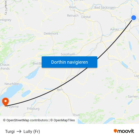 Turgi to Lully (Fr) map
