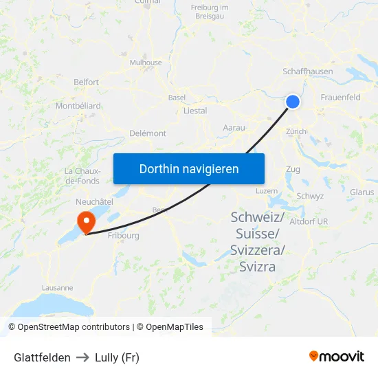 Glattfelden to Lully (Fr) map
