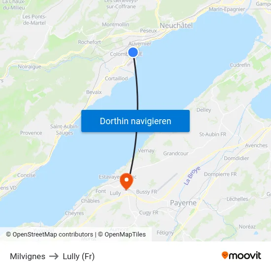 Milvignes to Lully (Fr) map