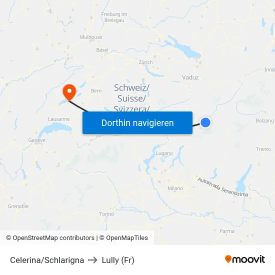 Celerina/Schlarigna to Lully (Fr) map