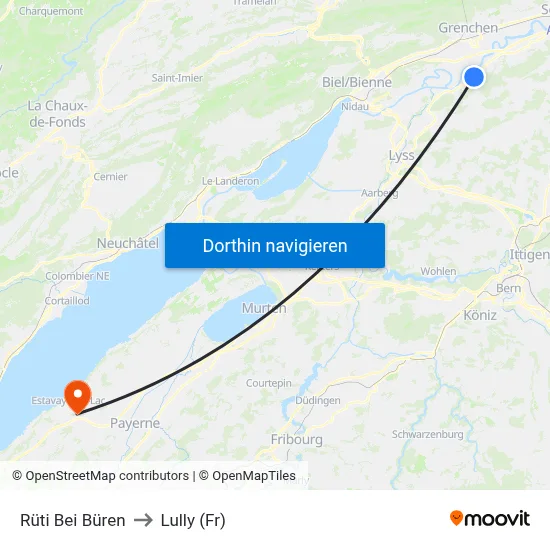 Rüti Bei Büren to Lully (Fr) map