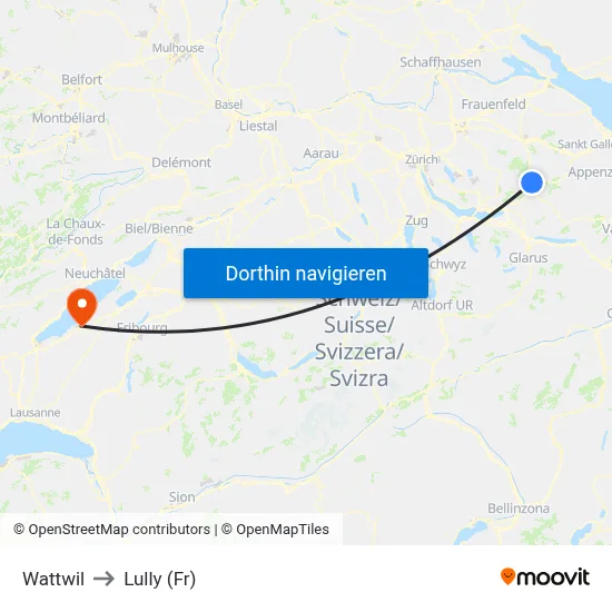 Wattwil to Lully (Fr) map