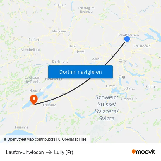 Laufen-Uhwiesen to Lully (Fr) map