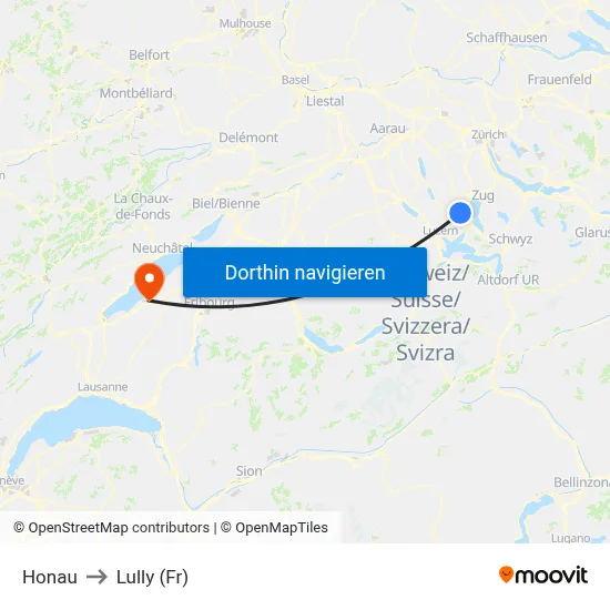 Honau to Lully (Fr) map
