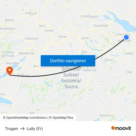 Trogen to Lully (Fr) map