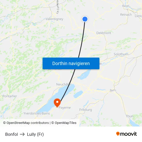Bonfol to Lully (Fr) map