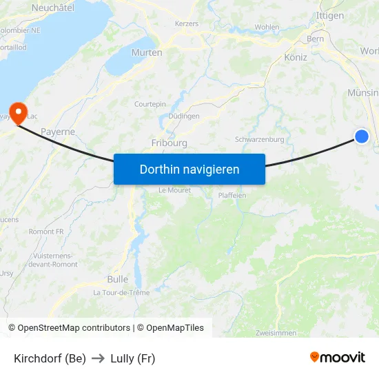 Kirchdorf (Be) to Lully (Fr) map