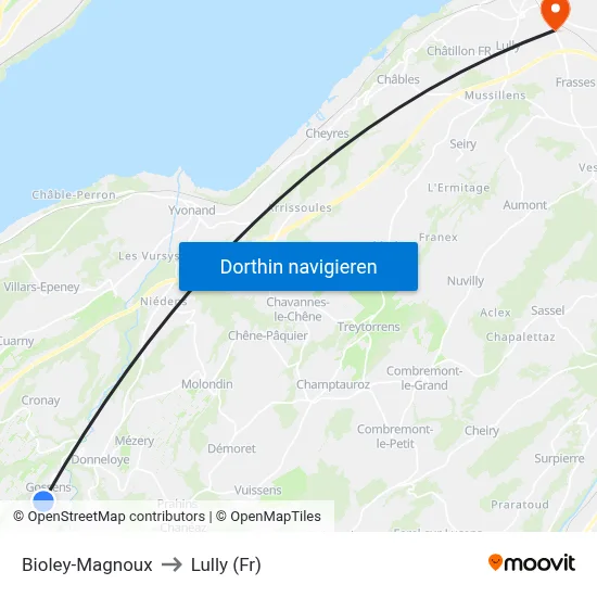 Bioley-Magnoux to Lully (Fr) map