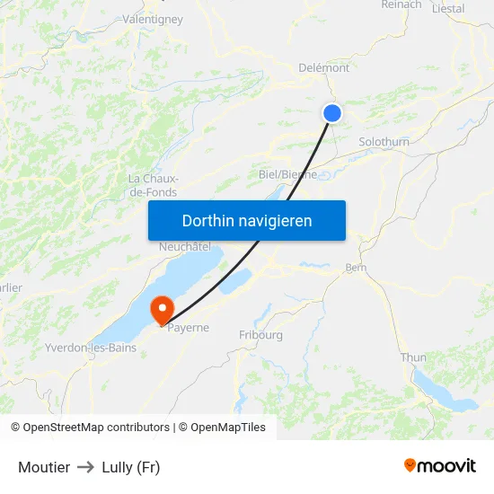 Moutier to Lully (Fr) map