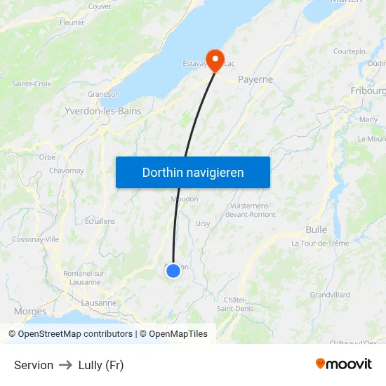 Servion to Lully (Fr) map