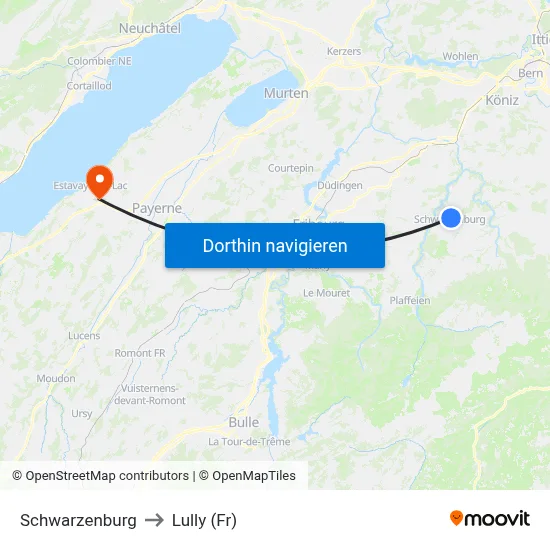 Schwarzenburg to Lully (Fr) map