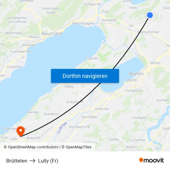 Brüttelen to Lully (Fr) map