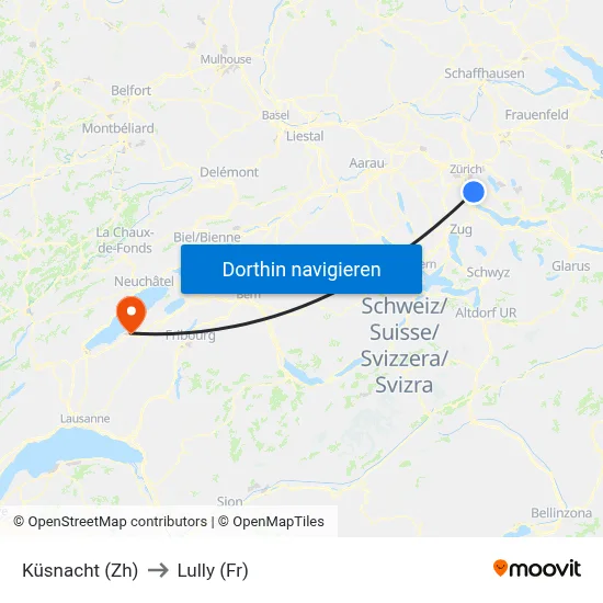Küsnacht (Zh) to Lully (Fr) map