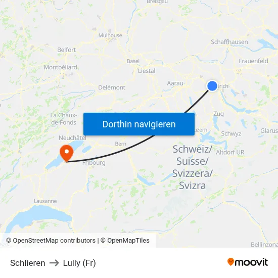 Schlieren to Lully (Fr) map