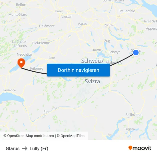Glarus to Lully (Fr) map