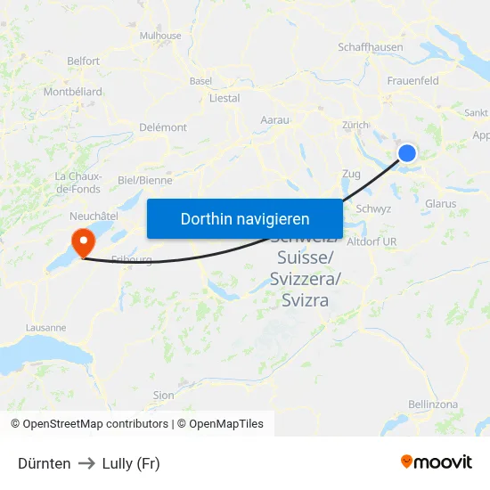 Dürnten to Lully (Fr) map