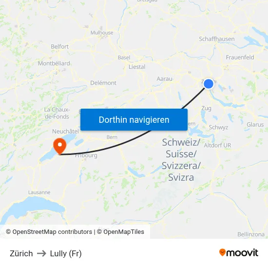 Zürich to Lully (Fr) map