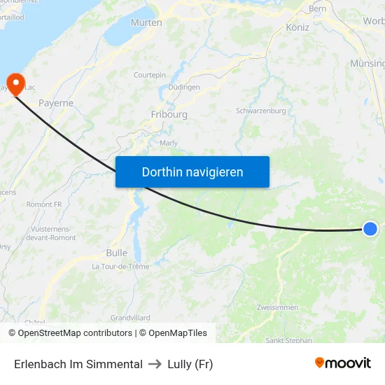 Erlenbach Im Simmental to Lully (Fr) map