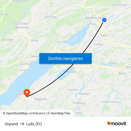 Orpund to Lully (Fr) map