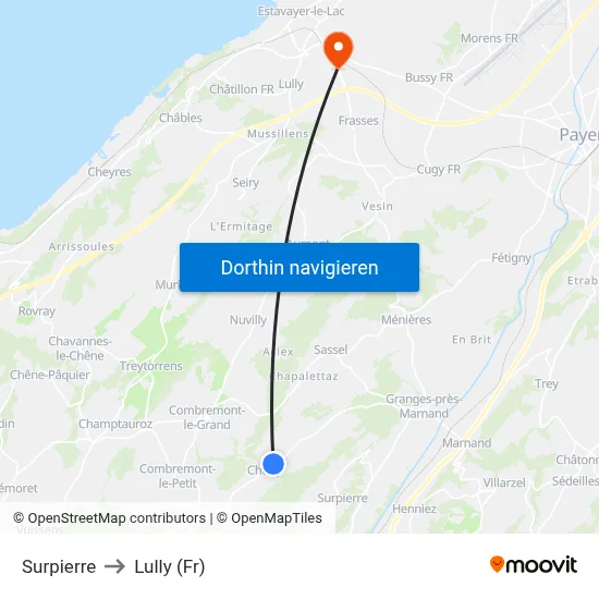 Surpierre to Lully (Fr) map