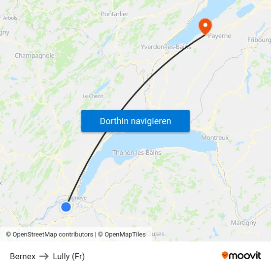 Bernex to Lully (Fr) map