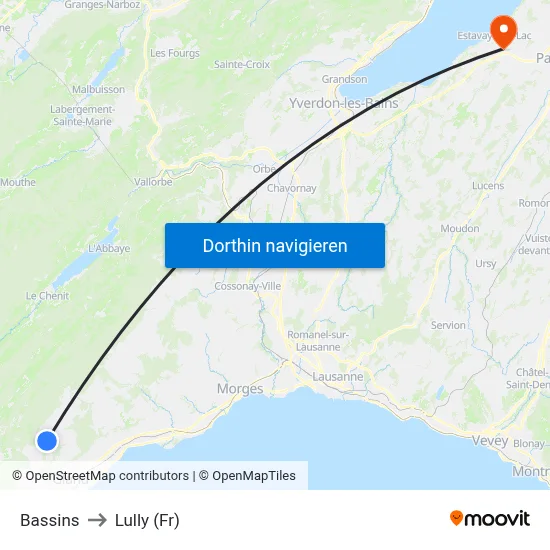 Bassins to Lully (Fr) map