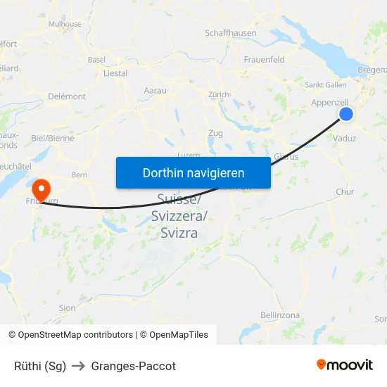Rüthi (Sg) to Granges-Paccot map