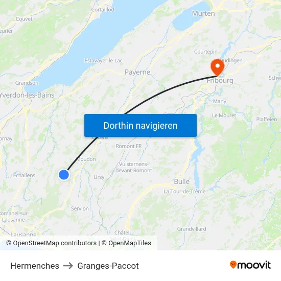 Hermenches to Granges-Paccot map