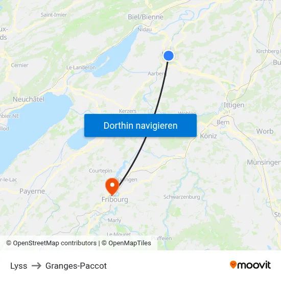 Lyss to Granges-Paccot map