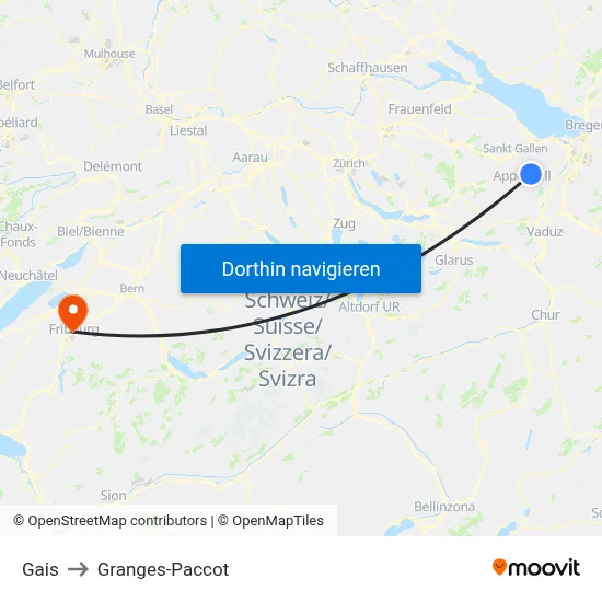 Gais to Granges-Paccot map
