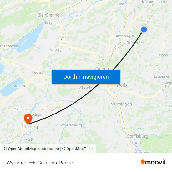 Wynigen to Granges-Paccot map