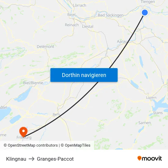 Klingnau to Granges-Paccot map