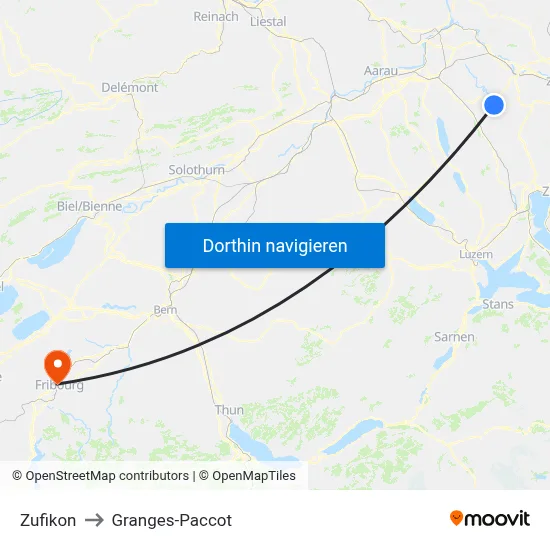 Zufikon to Granges-Paccot map